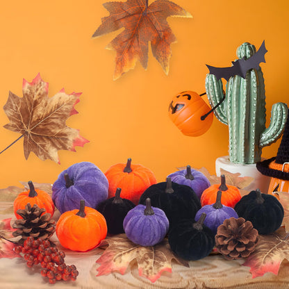 GHGMAO 21 PCS Pumpkins Decor Set, 3 Sizes Fake Velvet Pumpkin, Black Purple Orange Small Foam Pumpkin, Autumn Table Centerpiece for Thanksgiving Farmhouse Fall Harvest Halloween Party Decorations