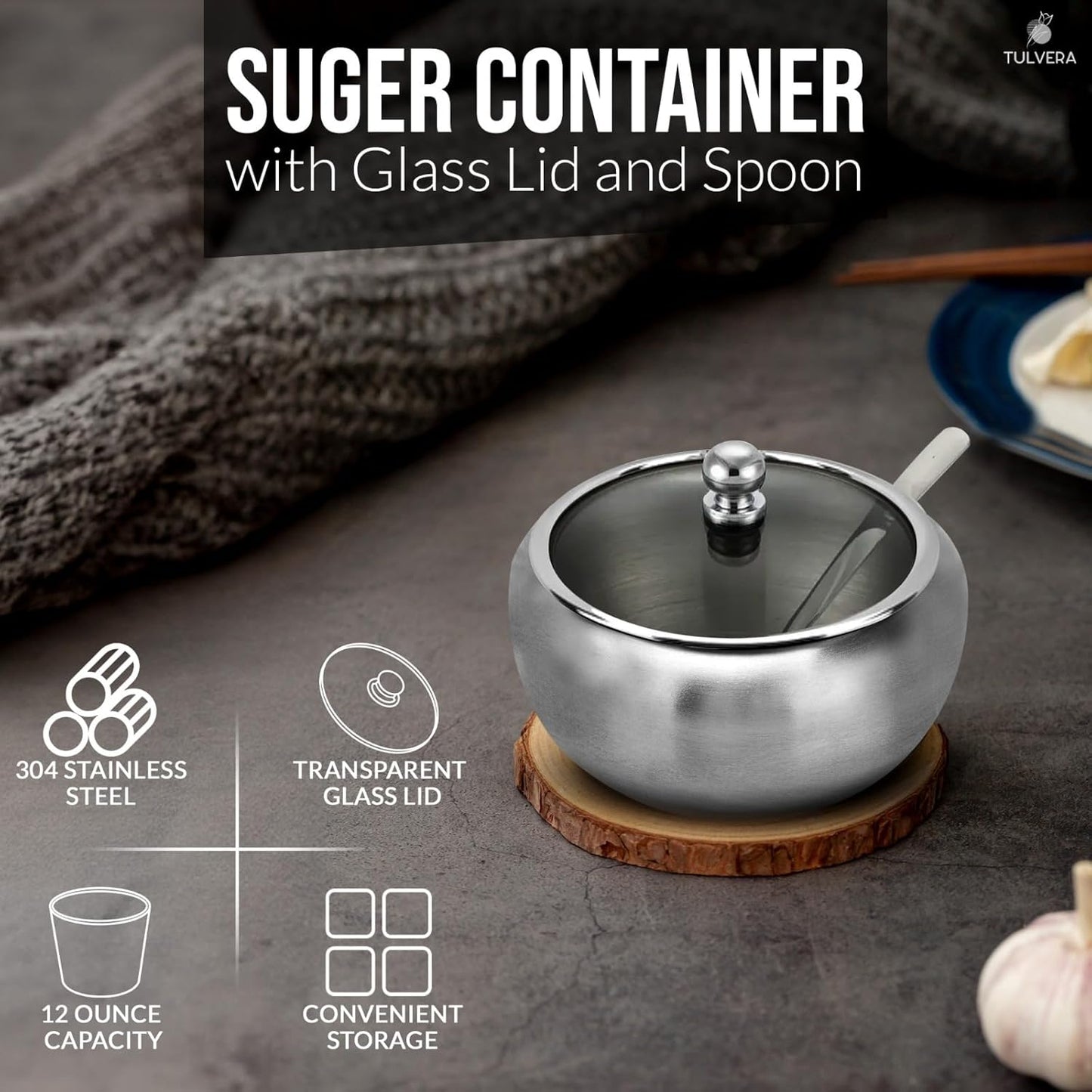 12oz Countertop 350ml Sugar Bowl with Lid and Spoon | Sugar Container for Coffee Bar | Stainless Steel Holder Jar