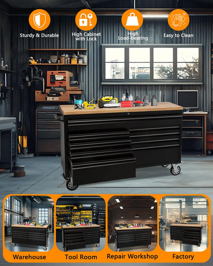 GarveeTech 61-Inch Heavy-Duty Rolling Tool Chest & Mobile Workbench with 9 Drawers, Rubber Wood Tabletop, Key Locking System, Drawer Liners and Wheels, Steel Storage Cabinet for Garage, Workshop