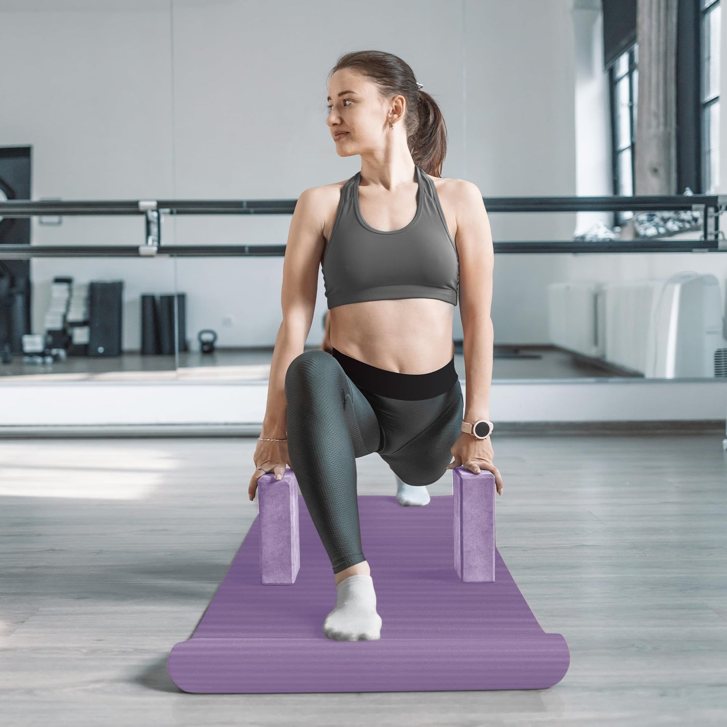 BalanceFrom GoYoga 7-Piece Set - Include Yoga Mat with Carrying Strap, 2 Yoga Blocks, Hand Towel and Knee Pad (Purple, 1/2"-Thick Mat)