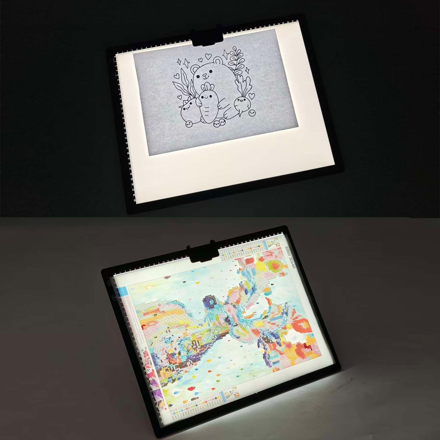 HIUKCOLED Rechargeable A3 Light Pad with Diamond Painting Light Board Carry Bag, Built-in Foldable Stand＆top Clip, 3 Colors/Stepless/6-level Brightness, Battery Powered Wireless LED Tracing Box