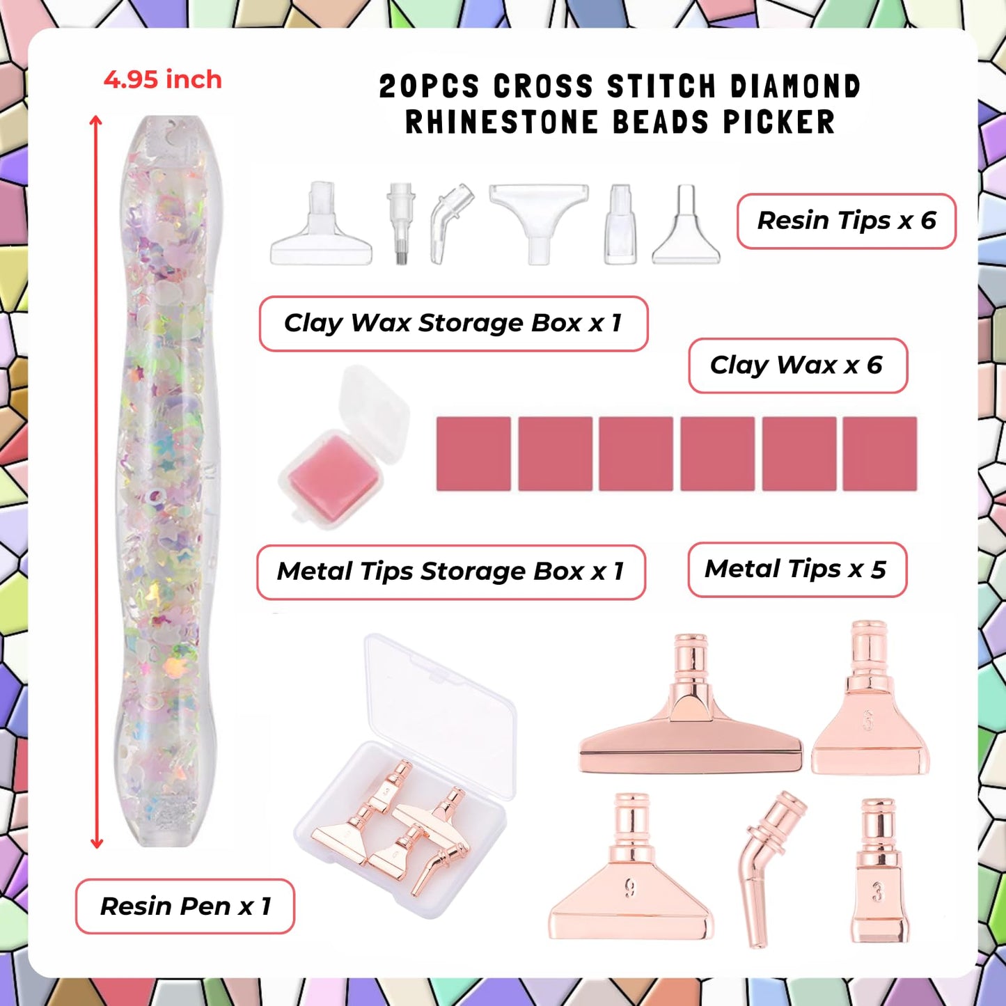 FOVIUPET 20pcs Diamond Painting Art Drill Pen Set, Resin Luminous 5D Point Drill Pen Tools with Metal/Resin Tips, Cross Stitch Diamond Rhinestone Beads Picker DIY Nail Art Embroidery Tools (Pink)