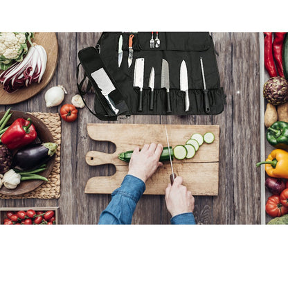 HERSENT Knife Roll,Chef Knife Roll Bag With 17 Slots Can Holds13 Knives,1 Meat Cleaver, And 3 Utensil Pockets,Durable Knife Bag With Handle,Shoulder Strap & Zippered Mesh Pocket Holder