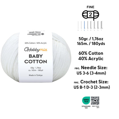 HobbyMia Baby Cotton Blend Yarn – Soft Sport Weight Yarn for Crochet & Amigurumi - 50g/180yds - 60% Cotton 40% Acrylic - Ideal for Baby & Knitting Proj. & 10 Stitch Markers(White, 4 Balls)
