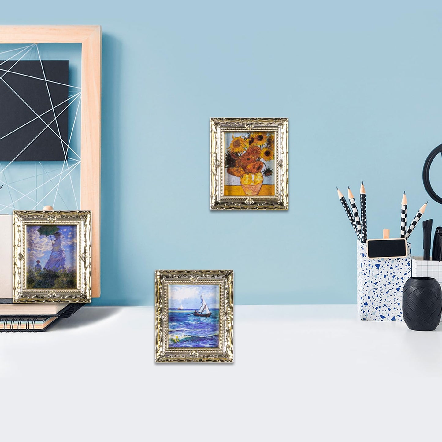 JHGCVX Miniature Dollhouse Accessories for Dollhouse Furniture on 1:12 Scale, Dollhouse Picture Frame for Miniature Home Wall Decoration Mural Model Accessories(6 Frames & Impressionist Pictures)