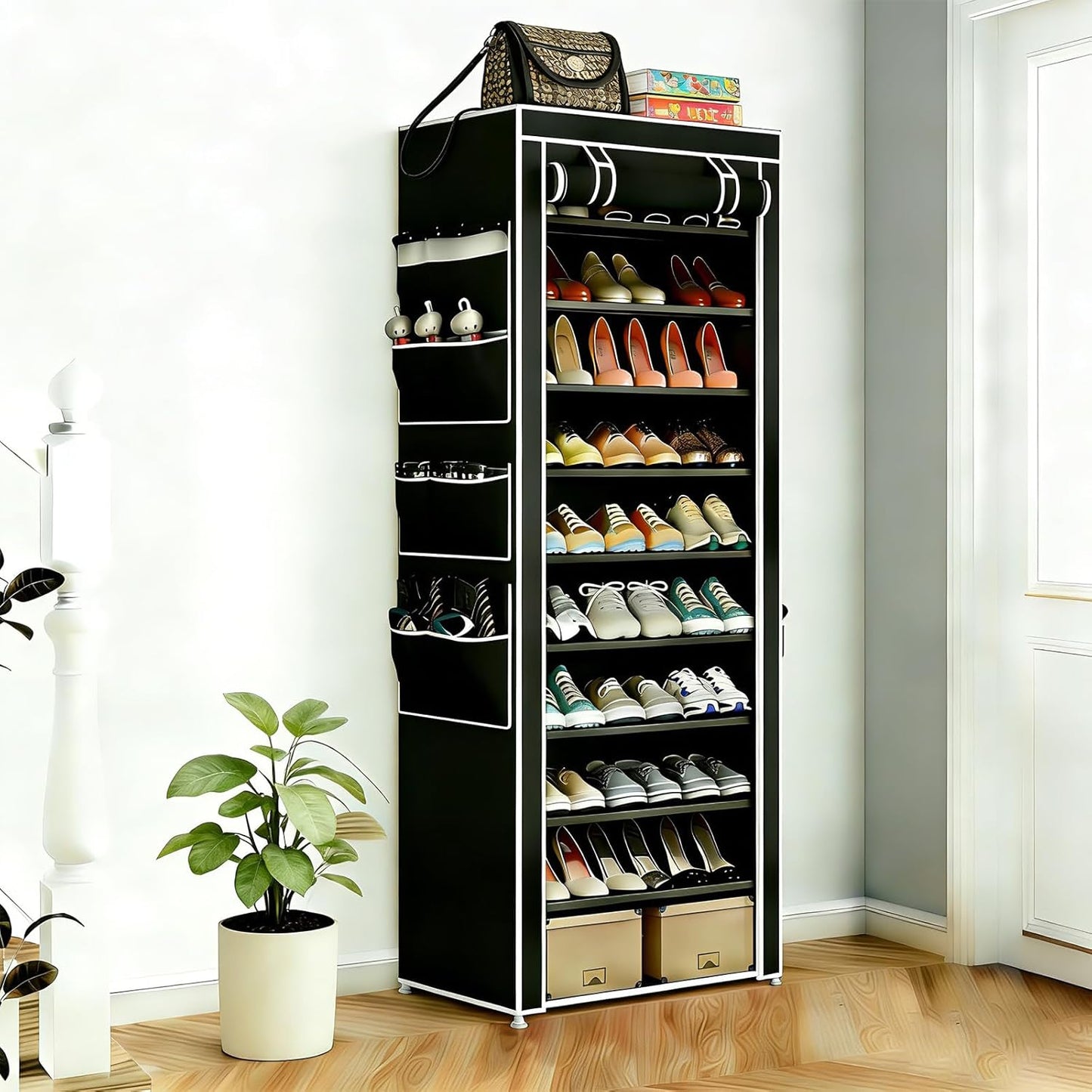 HOACHAN 10-Tier 30-38 Closet Shoe Rack with Dustproof Cover, Large Capacity Shoes Storage Organizer Holds Pairs