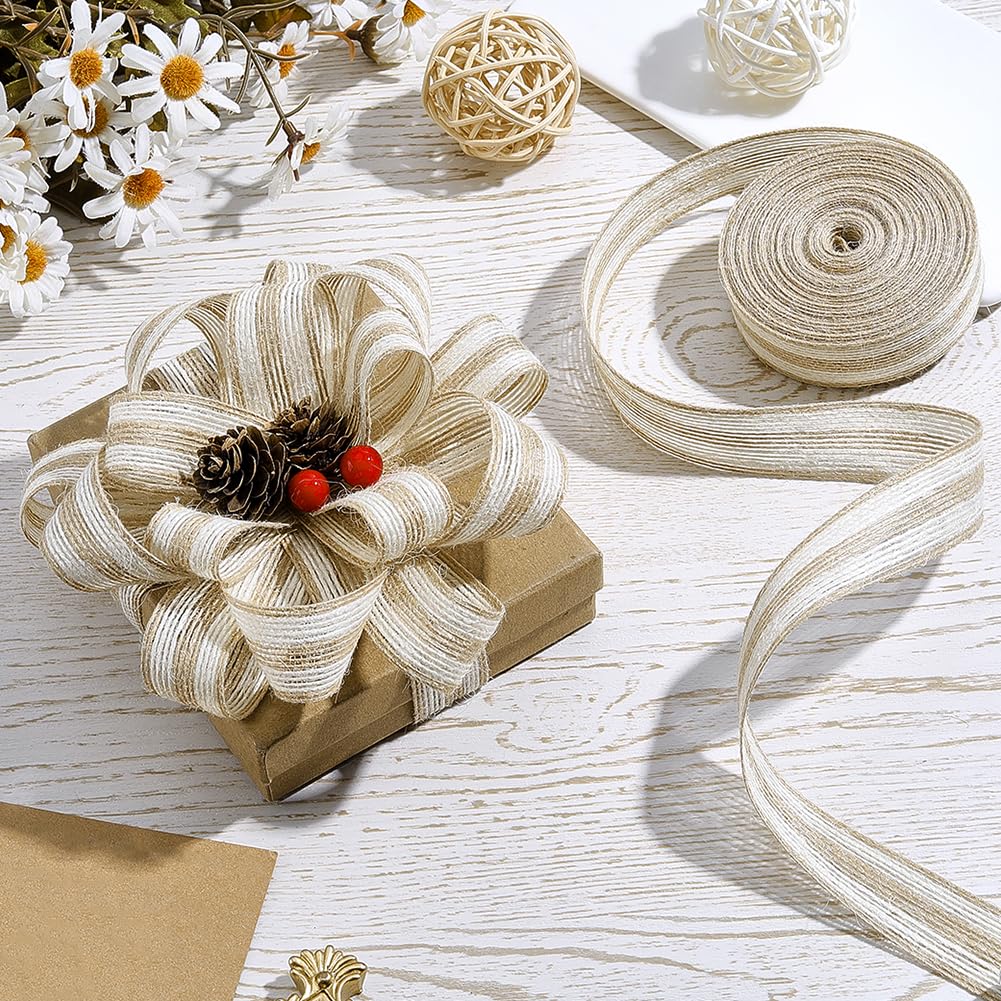 PH PandaHall 21Yards Burlap Ribbon 2 Rolls 0.9inch Thin Flat Jute Twine White Brown Stripes Hemp Jute Rope Cord Twine Burlap Ribbon Natural Rustic Ribbon Roll for Gift Wrapping Garland Outdoor Wedding