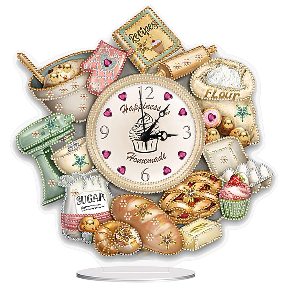 DIY 5D Diamond Art Table Clock - Special Shaped Crystal Rhinestone Bread Food Design Desktop Clock Kit for Home Office Decor, Handmade Arts and Crafts Gift for Adults Beginner