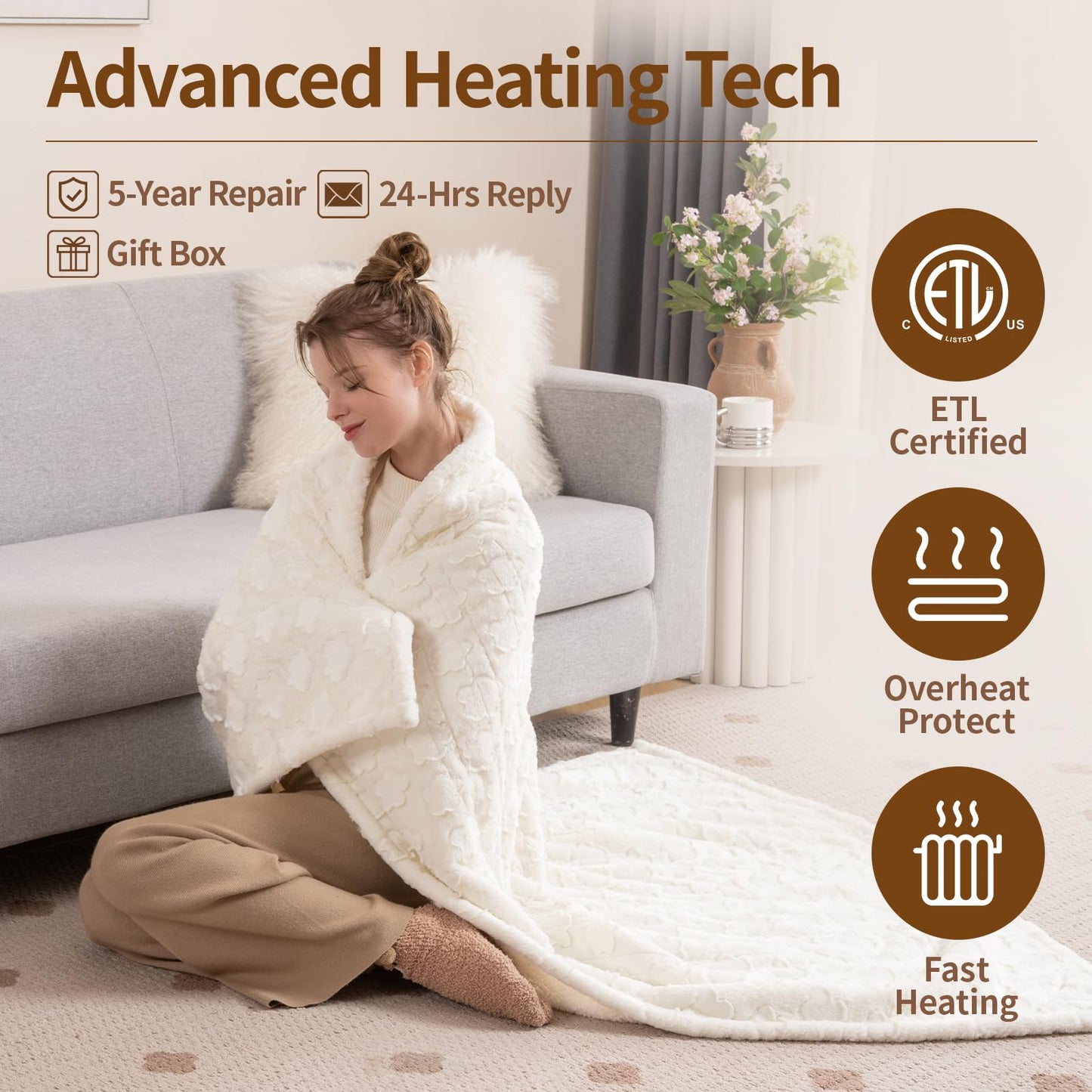 Bearhug Electric Blanket King Size 100" x 90", Dual Controller Heated Blanket, White Flower Patterns Faux Fur & Warm Sherpa, 10-Heat Levels & 1-12H Auto Off,ETL, Machine Washable