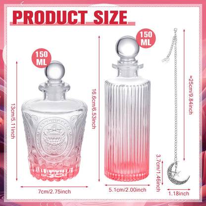 Potchen 2 Pcs 5 oz Moon Energy Glass Bottle with 2 Lunar Star Spiritual Moonlight Water Jar Chain Charging Container with Lid for Infusing Intentions Crystal Cleansing Meditation Witchcraft Home Decor
