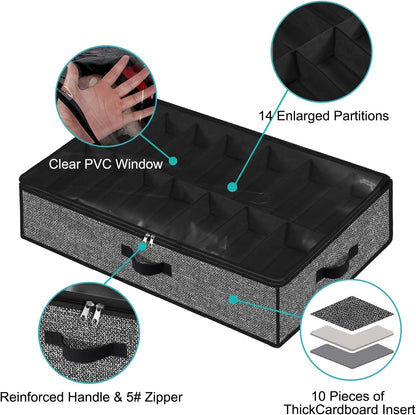 Under Bed Shoe Storage Organizer, 2 Pack Fits 32 Pairs, Clear Window, Foldable Shoe Rack Holder, Black