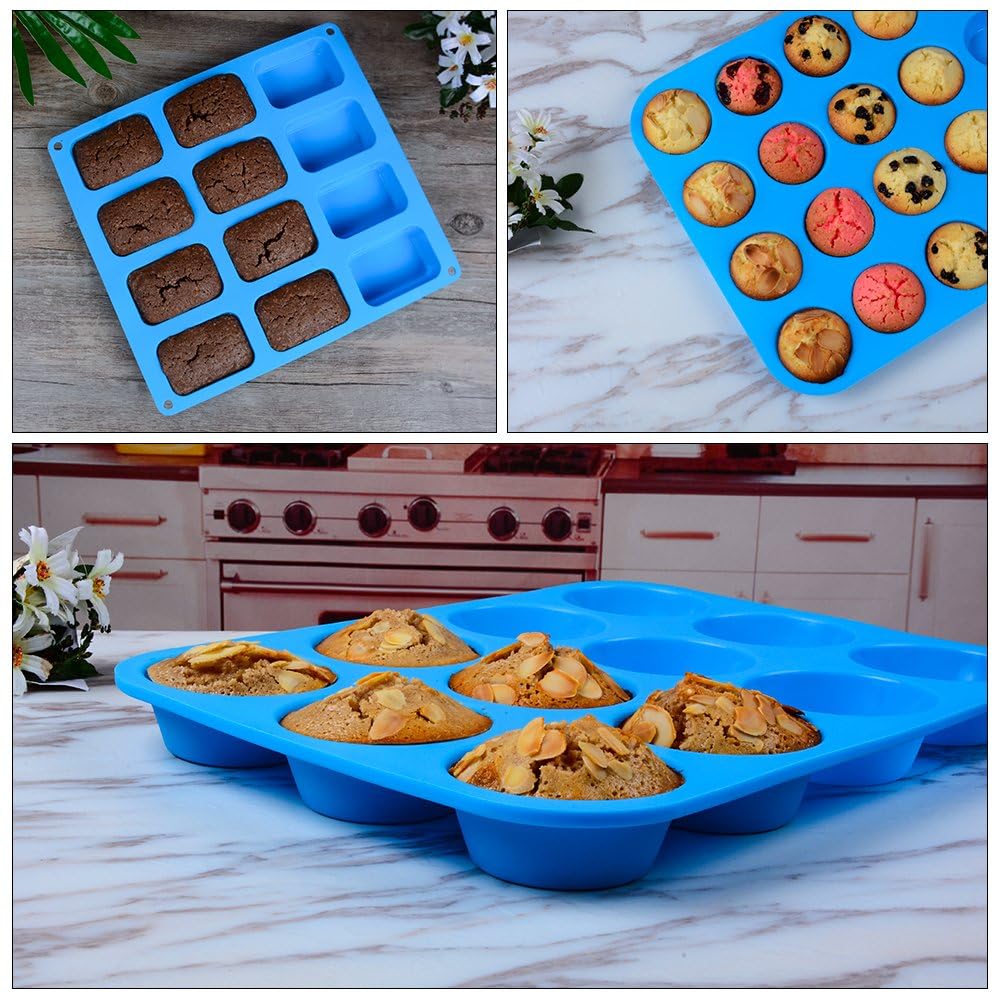 CAKETIME Silicone Muffin Pan - Cupcake Pan, Mini Loaf Pan Silicone Baking Molds Food Grade 3-Pack