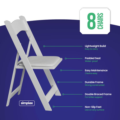 SIMPLEX 8 White Folding Chairs – Resin Stackable Foldable Chairs with Padded Seats – Comfortable White Folding Chairs for Indoor/Outdoor Events – Lightweight Resin Chairs (8 Pack)