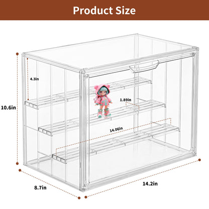 Clear Acrylic Display Case Upgrade 4 Tier Figure Display Cases with 3 Movable Dividers, Stackable Display Box Showcase with Magnetic Door for Collectibles (Large-1pack)