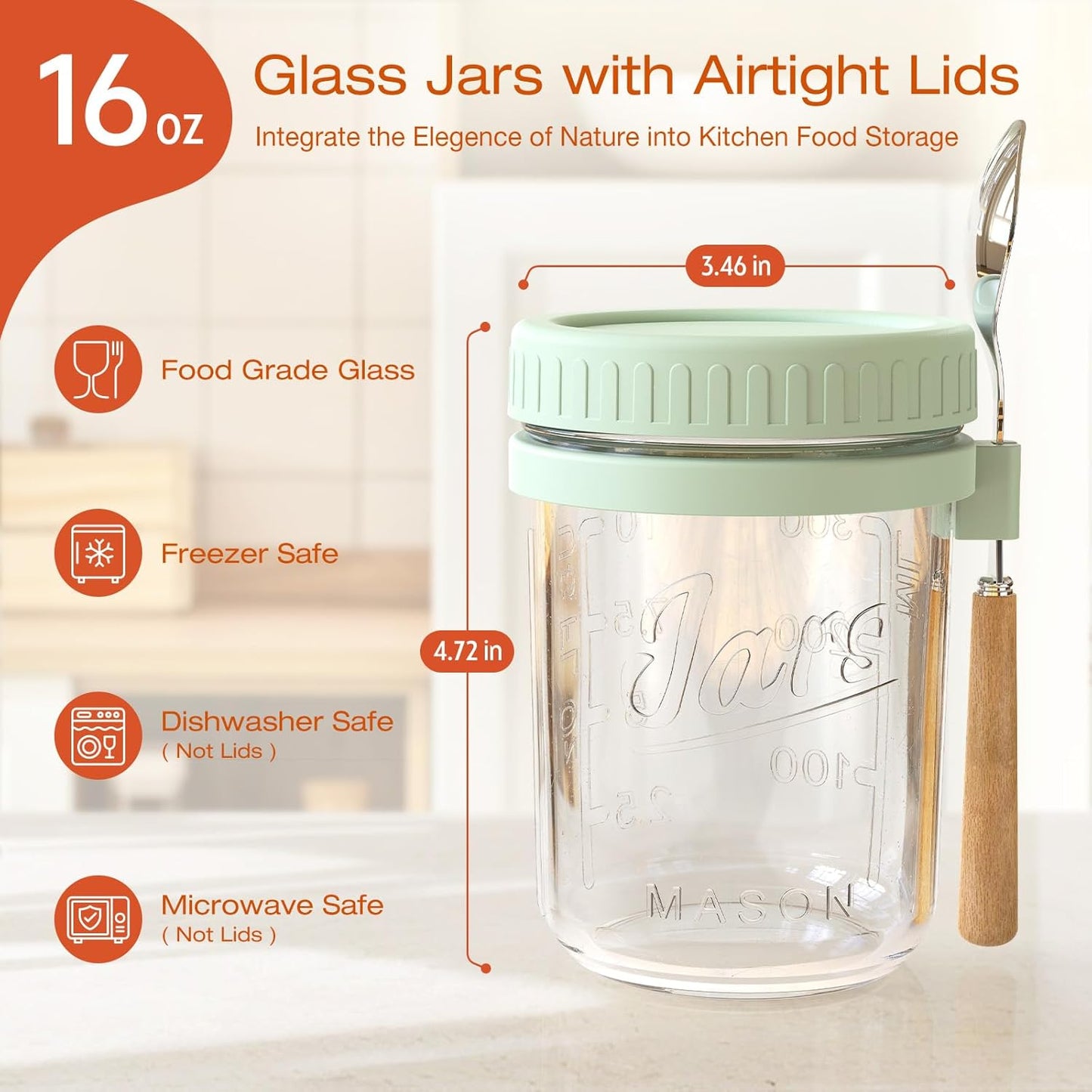 16oz 4 Pack HomArtist Overnight Oats Containers with Lids and Spoons, Wide Mouth Mason Jars with Airtight Lids