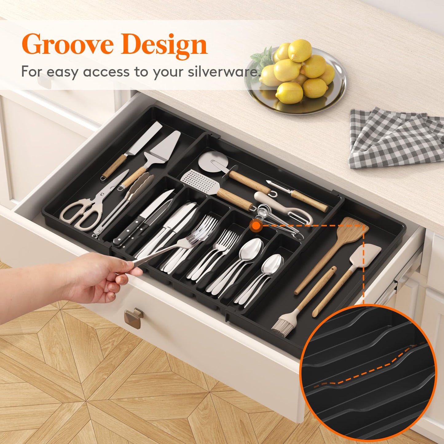 Lifewit Silverware Drawer Organizer, Expandable Utensil Tray for Kitchen, BPA Free Flatware and Cutlery Holder, Adjustable Plastic Storage for Spoons Forks Knives, 8.5"-14.1" x 12.1", Black