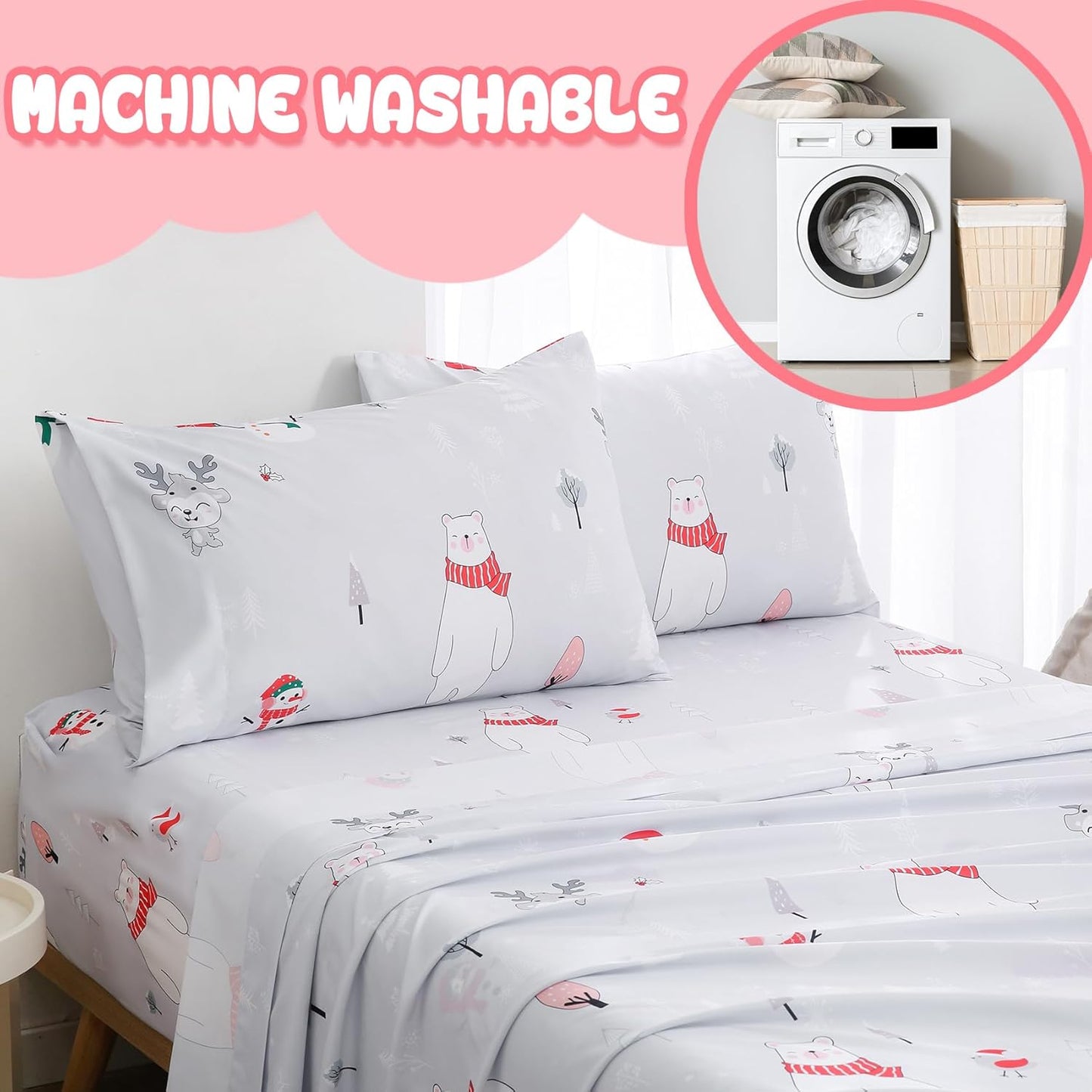 Set Sets 4 Yibeizi Kids Christmas Sheets Full Size, Light Grey Bear Snowmen Printed Sheet for Boys Girls, Cute