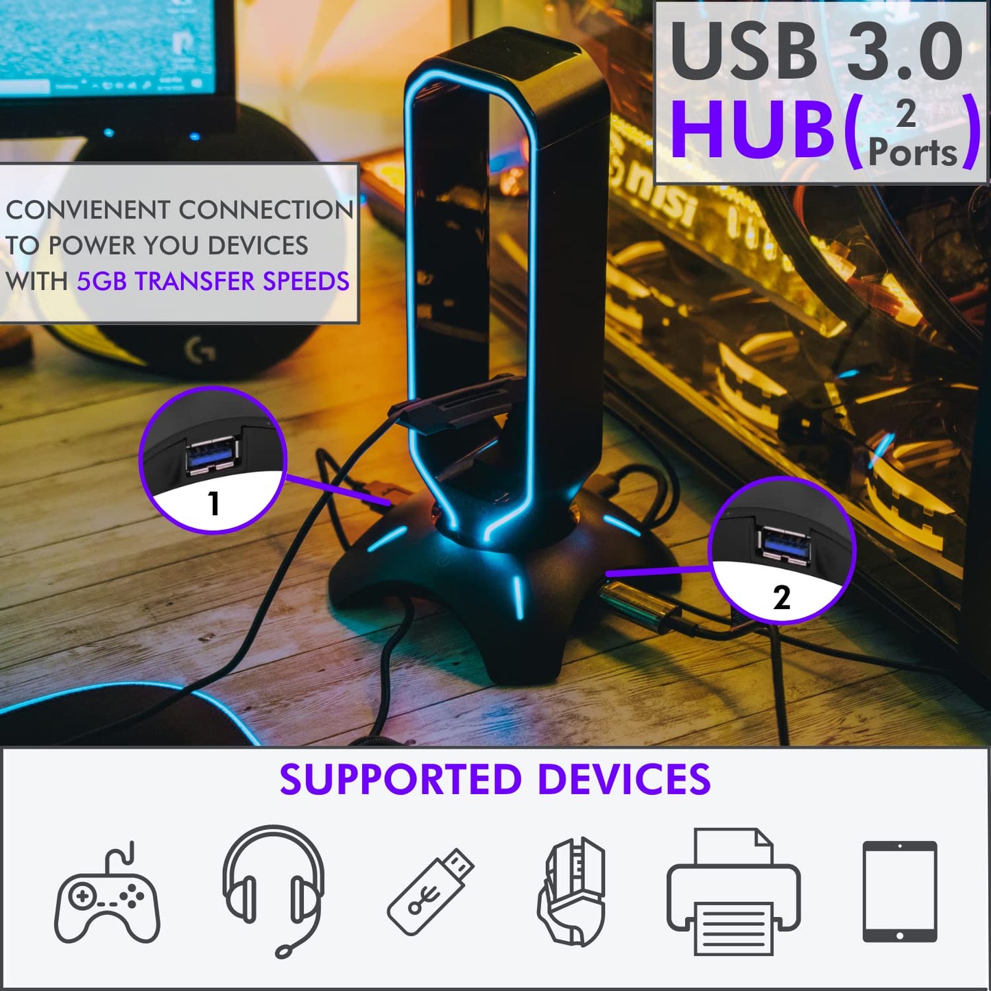 Tilted Nation Gaming Headset Stand | RGB Headphone Stand for Desk with Mouse Bungee and USB Hub (Cool and Clean Setup) Gaming Headset Holder - Perfect Gamer Gift Accessory