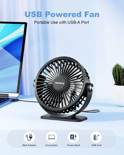 TriPole USB Powered Desk Fan - Portable Mini Fan with 3 Speeds & 360° Rotation | Quiet for Home & Office, Black