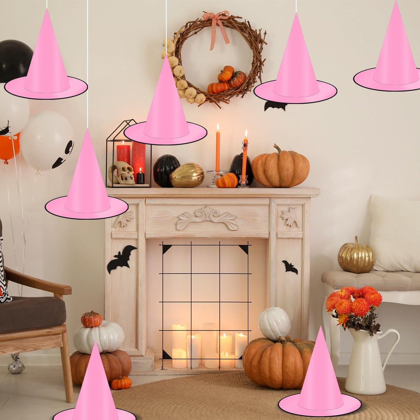 Coneatness 12 PCS Witch Hats with Hanging Rope, 16 PCS 3D Bats Stickers for Halloween Indoor Outdoor Yard Decor, Pink Party Decorations, Wizard Costume for Women