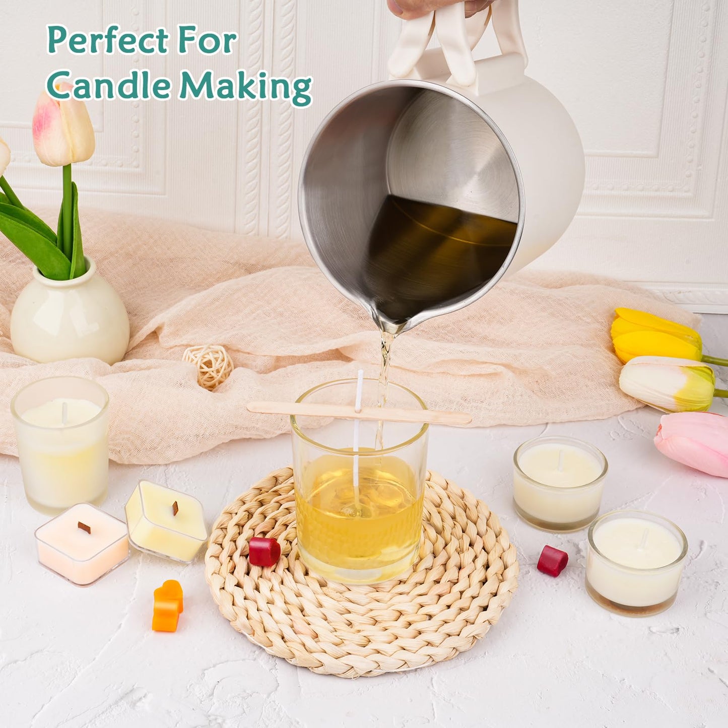 Wax Melter Kit for Candle Making, 1.8L 60OZ Large Candle Melting Pot, DIY Candle Making Supplies for Woman, Included Candle Wicks, Wick Stickers, Centering Device, Stirring Spoon, Mothers Day Gifts