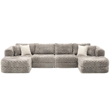 Merax 135.4 Inch Modular Sectional Sofa with 2 Movable Ottomans, Bubble Velvet U-Shape Convertible Couch for Living Room, Reversible Chaise, Includes 4 Throw Pillows, Grey