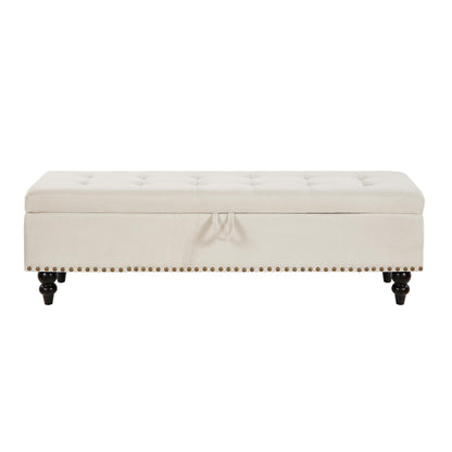GDFStudio 59" Mid-Century Modern Rectangle Storage Ottoman Bench, Button Tufted Lift-Top Linen Ottoman Foot Rest with Solid Legs and Nailhead Trim, Upholstered Oversized Pouf for Living Room, Beige