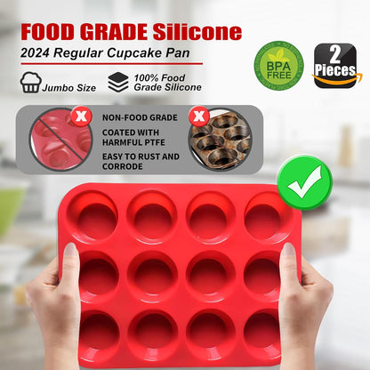 2PCS Silicone Muffin Pan - Thicken-12 Cup Non-Stick Baking Pan for Muffin Cakes, Tart, Bread - Dishwasher & Microwave