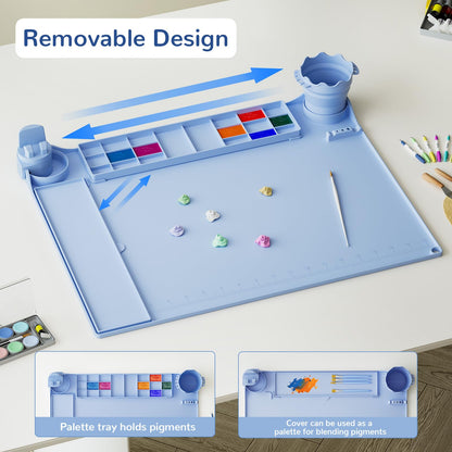 Silicone Art Mat for Kids Silicone Painting Mat Silicone Painting Station with Detachable Cup,Palette with Lid &360°Phone Holder Craft Mat for Kid Paint Mat with Bulit-in Brush Rest&Ruler 20"X16" Blue