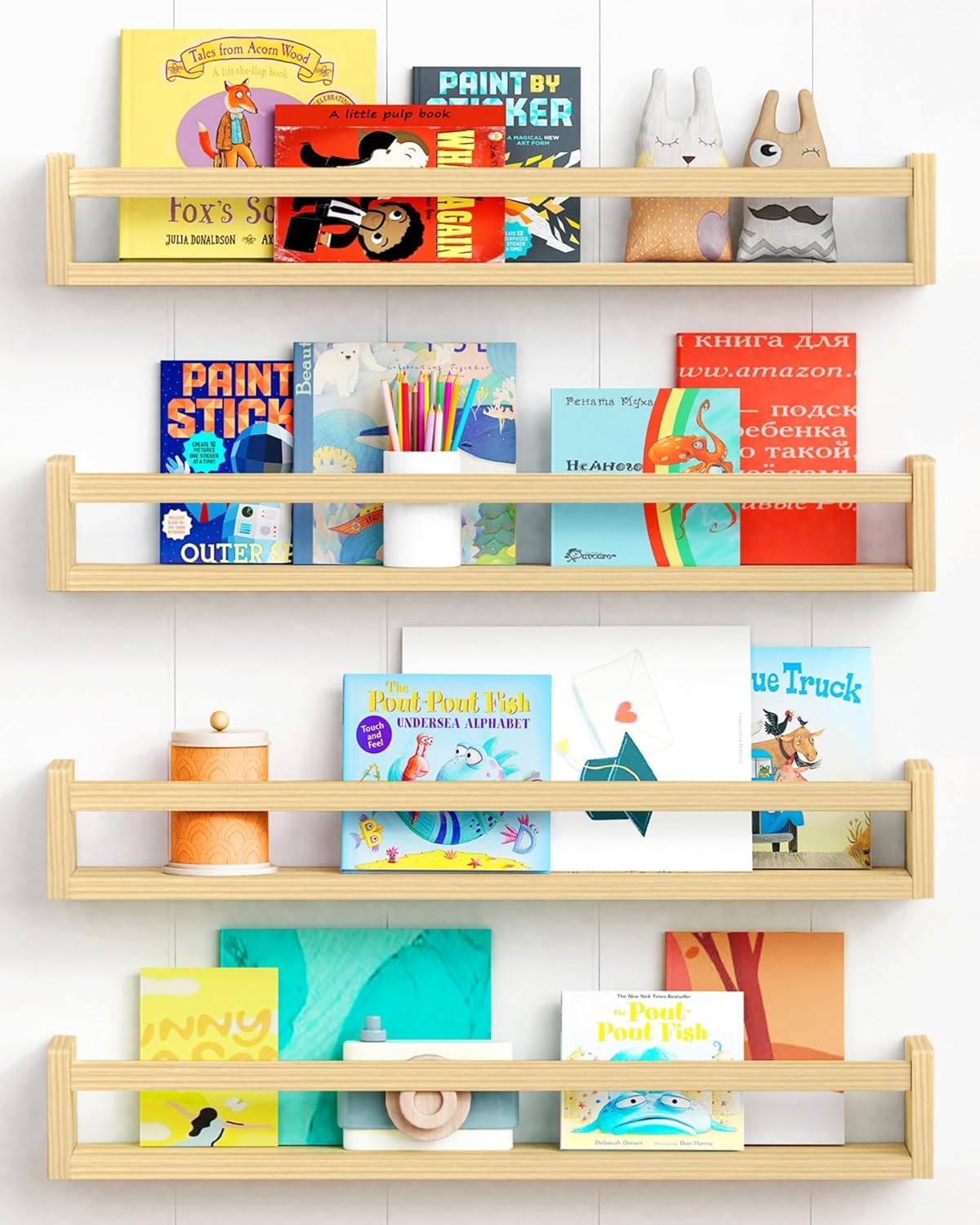 24 Inches (4-Pack) Forbena Natural Wood Nursery Bookshelves for Wall, Long Floating Book Shelves, Wall Mounted Bookcase