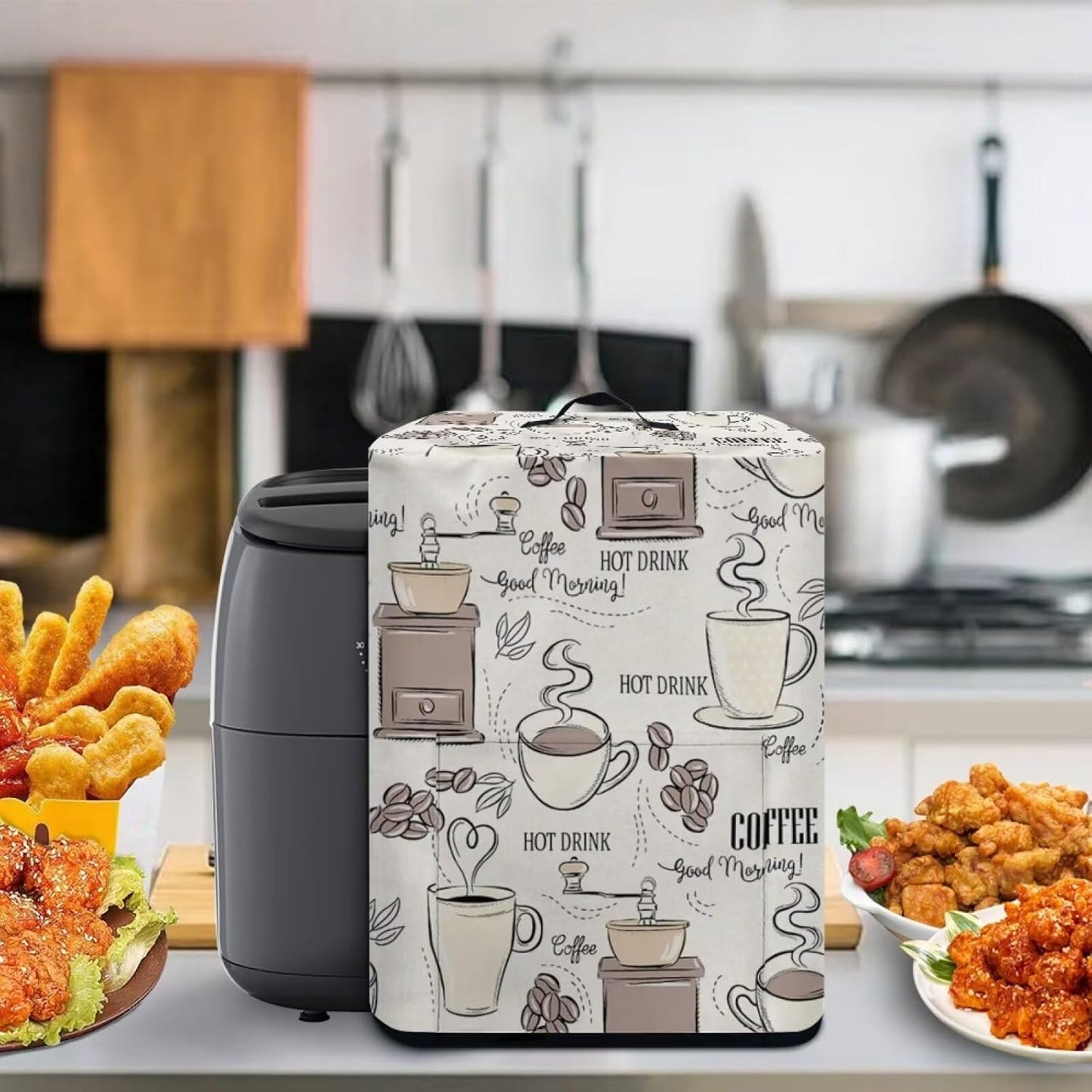 Dust-Proof Air Fryer Cover, Kitchen Small Appliance Cover with Top Handle and Pockets, Washable, Coffee Beige White