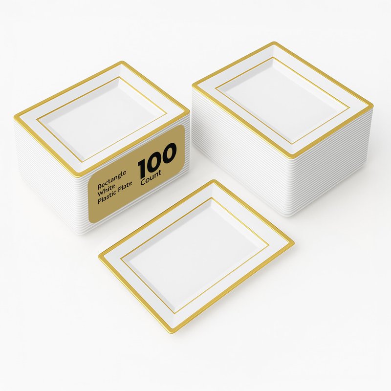 Restaurantware Moderna 9.5 x 6.3 Inch Premium Disposable Plates 100 Rectangular Plastic Plates For Parties - Gold-Rimmed Durable White Plastic Dinner Plates For Warm And Cold Foods