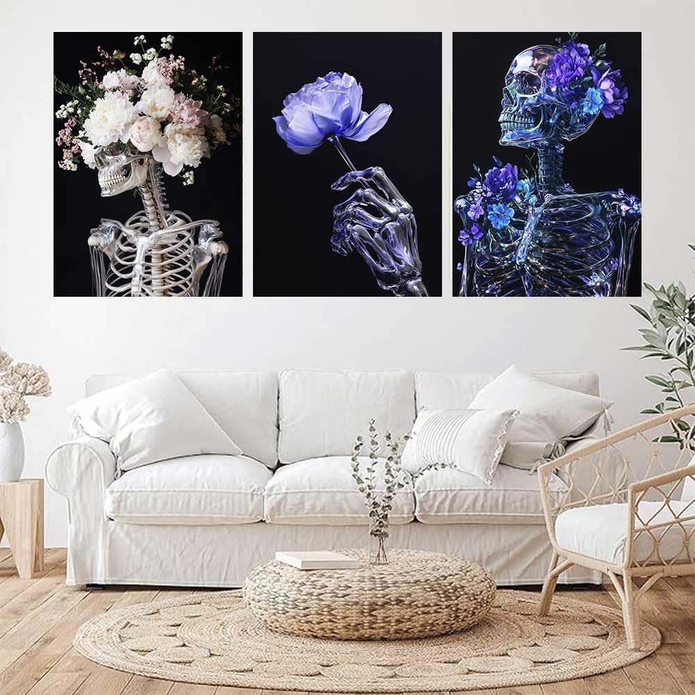 LATETOMT Skull Tapestry Goth Tapestry Black Vertical Tapestries Flower Skeleton Wall Tapestries Lovers Wall Hanging Valentine's Day Decor for Bedroom Living Room 15x20in 3 Pieces LTMTAYW501
