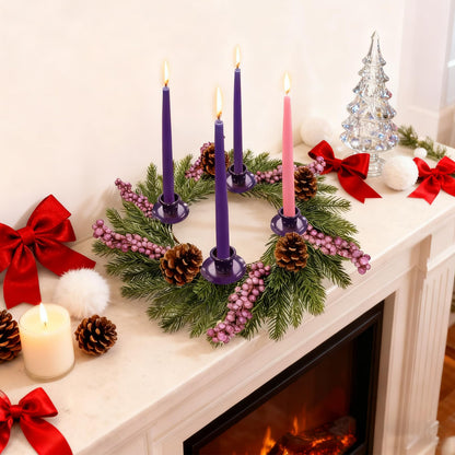 [ Safety Fire Retardant ] Christmas Advent Wreath, Purple Christmas Wreaths with 4 Candle Holder 4 Pinecones 6 Berry Christmas Centerpieces Decorations for Advent Church Table Holiday Home(No Candles)