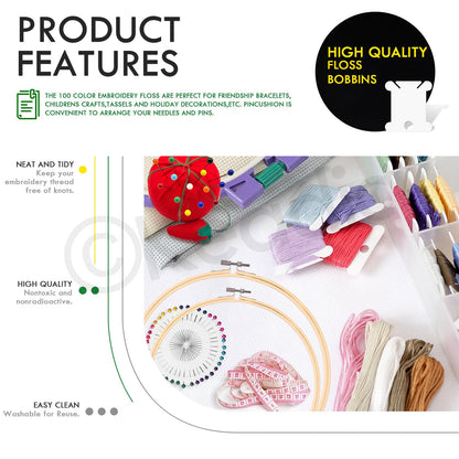 Keadic 222Pcs Embroidery Kit with Instructions Contains 100 Colors Threads, Embroidery Hoops, Sewing Pins, Floss Bobbins and Cross Stitch Tools, Hand Embroidery Starter Kit for Adults Beginners