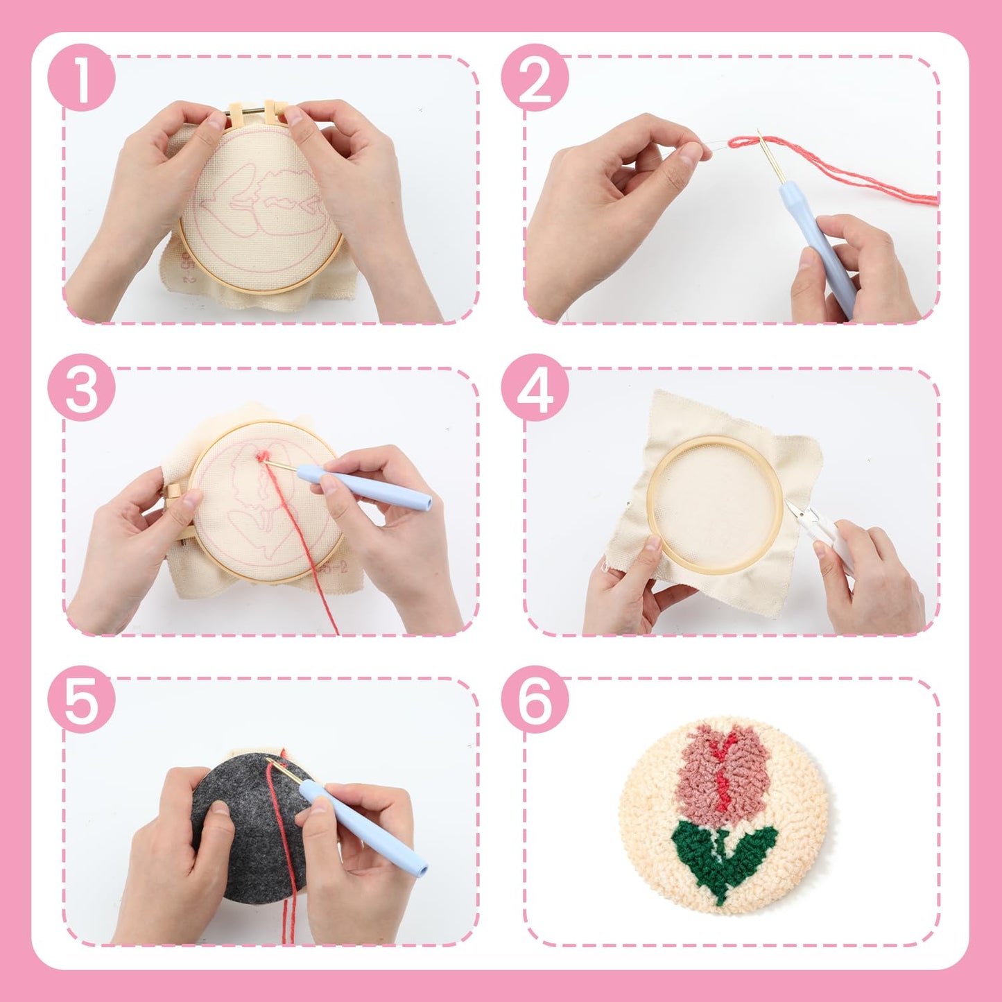 6 Pcs Punch Needle Coaster Kit for Adults Beginner, Plant Floral Punch Needle Embroidery Kit with Yarns, Hoop, Threader, Felt Cloths, Instruction, Coaster Making Supplies for Home Decor, Gift Making
