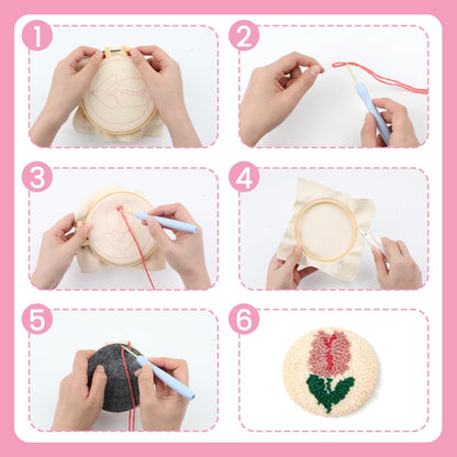6 Pcs Punch Needle Coaster Kit for Adults Beginner, Plant Floral Punch Needle Embroidery Kit with Yarns, Hoop, Threader, Felt Cloths, Instruction, Coaster Making Supplies for Home Decor, Gift Making