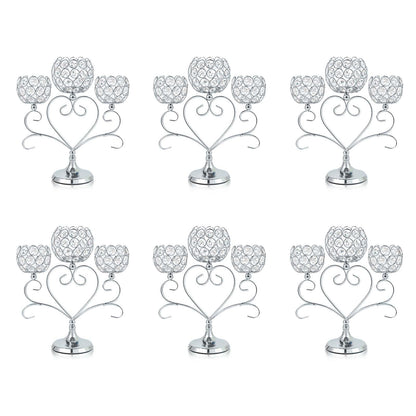 Kehail 6 Pcs Silver 3-Arm Heart Tea Light Candle Holder - Crystal & Metal Wedding Centerpiece Decor, Sparkling Table Decor for Anniversaries/Romantic Tabletop Home/Dinner Party/Events