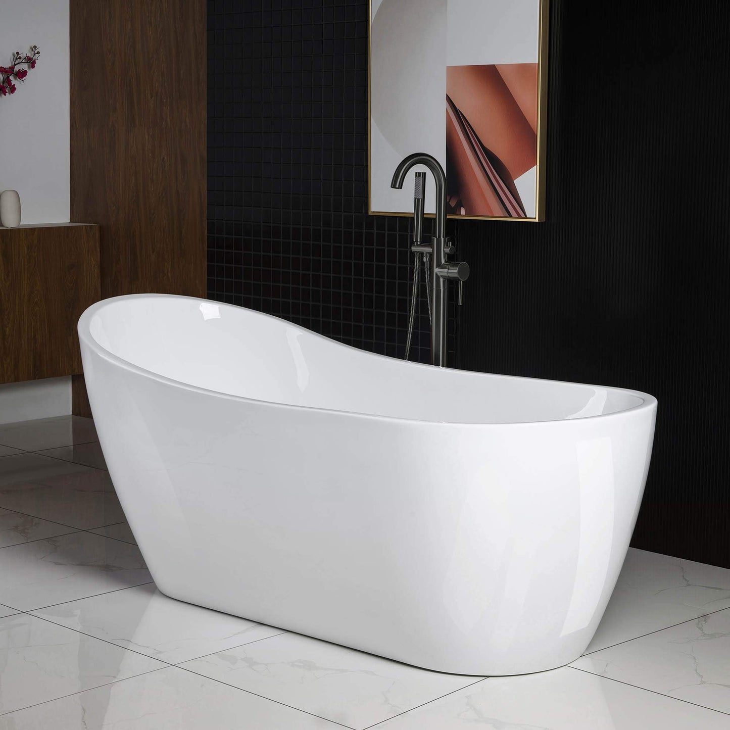 WOODBRIDGE 67" Acrylic Freestanding Bathtub Contemporary Soaking White Tub with Matte Black Overflow and Drain，B0001 -MB-Drain &O