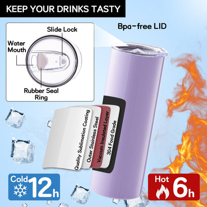 20pcs 20oz Sublimation Tumblers with Lids and Straws, Multi Color Stainless Steel Skinny Tumbler Sublimation Blanks Slim Insulated Cups for Heat Press with Shrink Wrap Water Bottles for Iced Coffee