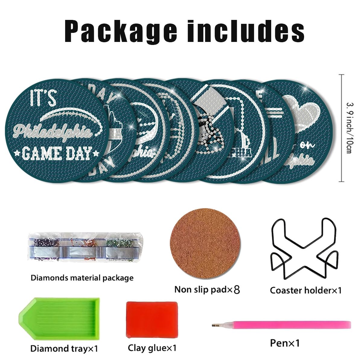 Bartogro 8 Pcs Diamond Painting Coaster Kits, DIY Football Diamond Art Coasters with Holder Sports Diamond Art Crafts Supplies for Philadelphia Design