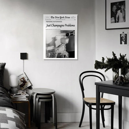 hottaacanvas 12x16 Champagne Problems Newspaper Framed Wall Art,Trendy Retro Black and White Wall Art for Bar Cart