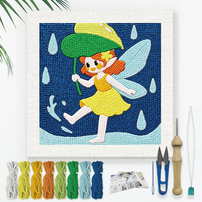 Doodlream Elf in the Summerrain Needle Kit for Beginner, 9.4"x 9.4" Cute Fairy Punch Stitching Craft Set, DIY Embroidery Starter with Printed Frame, Instruction, Threader, Yarn, Pinch Needle