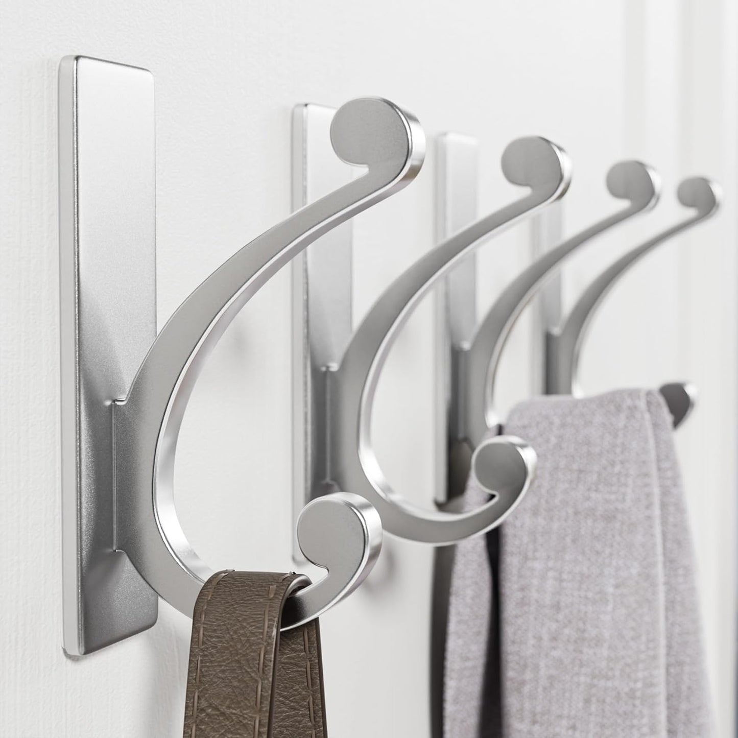 Adhesive Wall Hook for Towel/Coat, Extra Sticky 10LB Stainless Stick on Hanger for Bath or Shower, Matt Silver 4-Pack