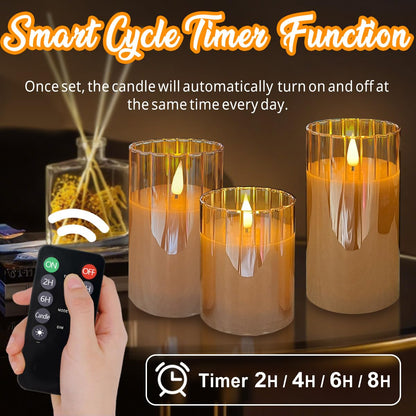 LEDHOLYT Rechargeable Flameless Candle, Flashing LED Pillar Real Wax Candle with Remote Control and Timer, Gold Stripes Glass Electronic Candles for Room Decoration, 1 Set of 3