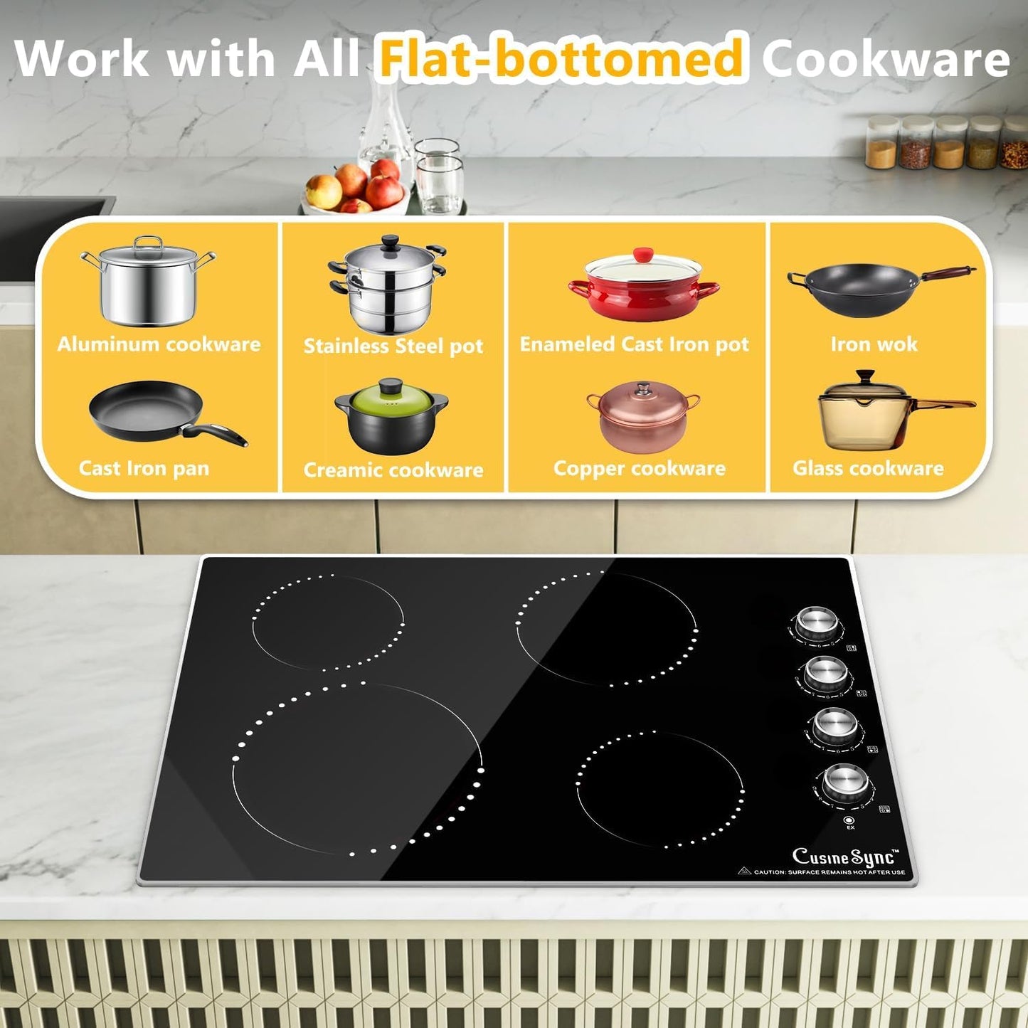 Cusinesync 30 Inch Built-In Electric Ceramic Glass Cooktop, 4 Burners, 7200W Total Power, Knob Control, Compatible with Flat-Bottom Cookware, 220-240V Hardwired