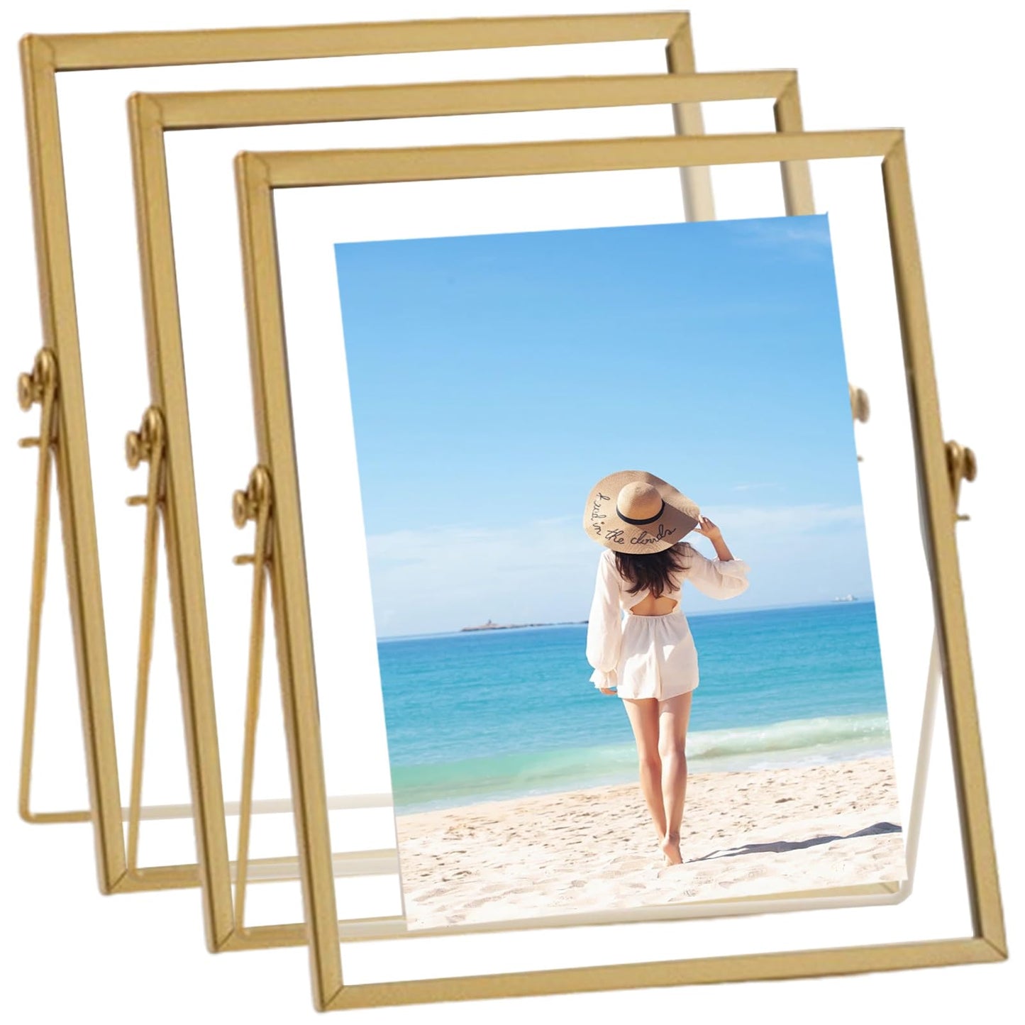 Hyuetrsa 3 Pcs Gold Floating Picture Frame, Tabletop Shelf Photo Frame, 7 x 9 '' Vertical Glass Frames for Multi Size Photos Including 4×4,4×6,5×7,for Christmas Wedding New Year