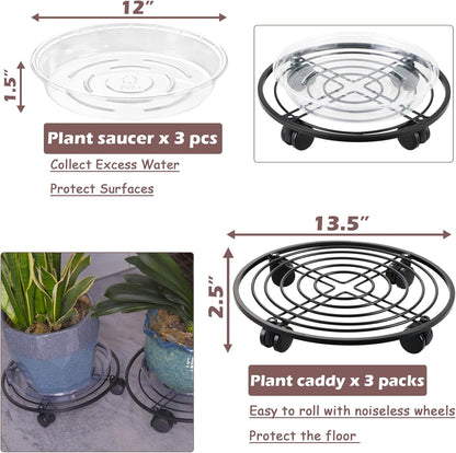 lucpur 3 Packs 13.5" Metal Plant Caddy with Wheels Large Rolling Plant Stands Indoor Wheeled Plant Dolly Heavy-duty