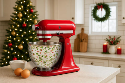 Biscuitique Stainless Steel Mixer Bowl with Stunning Floral Holly Berry Pattern Compatible with Kitchen Aid Tilt-Head 4.5 Quart and 5QT Stand Mixer