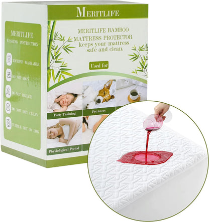MERITLIFE Premium Waterproof Twin XL Mattress Protector | Noiseless Cooling Bed Cover | Soft Washable (White, Twin XL)